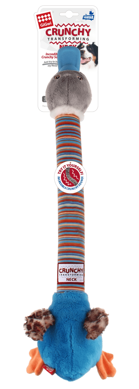 Juguete para perros GiGwi Plush Friendz Crunchy Neck Pato Azul en tamaño L, con cuello flexible y sonido crujiente. Ideal para juegos interactivos y masticación.