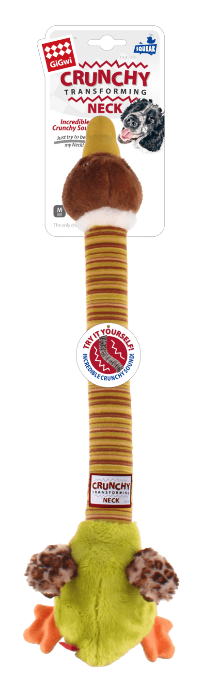 Juguete para perros GiGwi Plush Friendz Crunchy Neck Pato en tamaño M, con cuello flexible y sonido crujiente. Ideal para juegos interactivos y masticación.