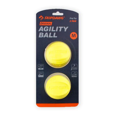 Pack de 2 pelotas Skipdawg Agility Ball, tamaño mediano, en color amarillo. Diseño resistente y flotante, ideal para juegos de agilidad y entrenamiento canino.