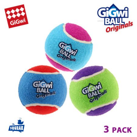 Pack de 3 pelotas para perros GiGwi Ball Originals con superficie de felpa en colores azul, verde y morado. Incluyen sonido chirriador para mayor entretenimiento.