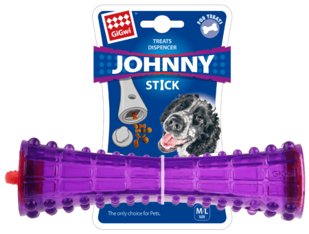 GiGwi Johnny Stick Treat Dispenser, juguete dispensador de golosinas para perros, en color morado. Material resistente con textura para limpieza dental.