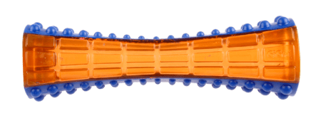 Juguete para perros GiGwi Johnny Stick Small, en colores azul y naranja. Diseño flotante con textura para masaje dental y sonido chirriador.