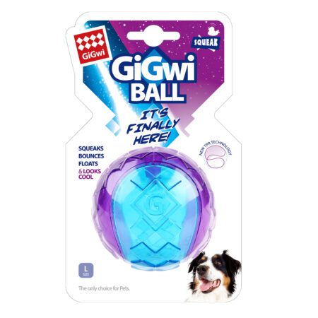 Juguete para perros GiGwi Ball Large, en color morado y azul. Pelota resistente, flotante y con sonido chirriador para mayor diversión.