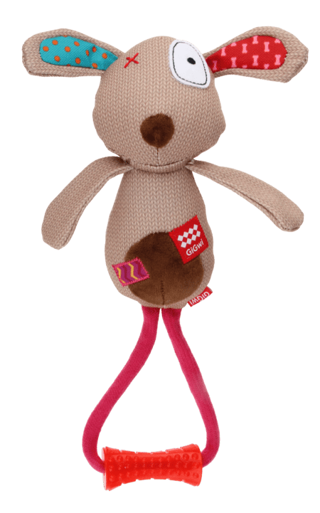 Juguete para perros GiGwi Plush Friendz con Johnny Stick, diseño de perro con cuerda y barra de goma resistente. Ideal para juegos interactivos y masticación.