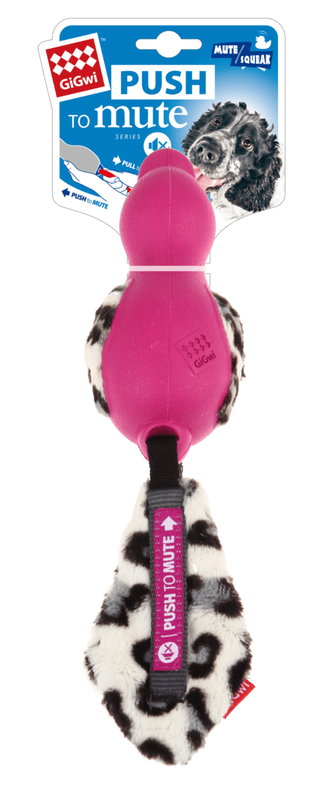 Juguete para perros GiGwi Push to Mute Duck en color rosa, con función de sonido ajustable y detalles de felpa. Ideal para perros medianos y grandes.