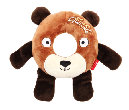 Juguete de peluche para perros GiGwi Plush Friendz Oso Dona, tamaño mediano. Diseño suave con forma de dona y sonido chirriador para mayor diversión.