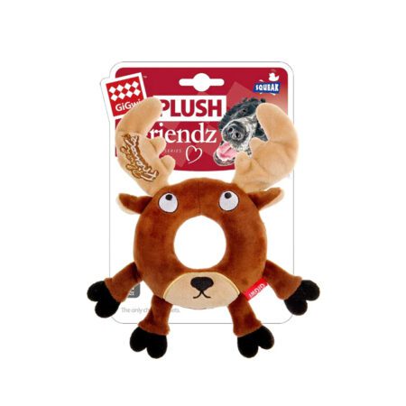Juguete de peluche para perros GiGwi Plush Friendz Venado Dona, tamaño mediano. Diseño suave en forma de dona con cuernos y sonido chirriador.