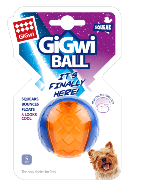Pelota para perros GiGwi Ball Small, en color azul y naranja. Diseño flotante, con rebote y sonido chirriador, ideal para perros pequeños.