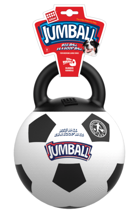 Pelota para perros GiGwi Jumball Fútbol con asa de goma, en colores blanco y negro. Diseño resistente para juegos interactivos con perros medianos y grandes.