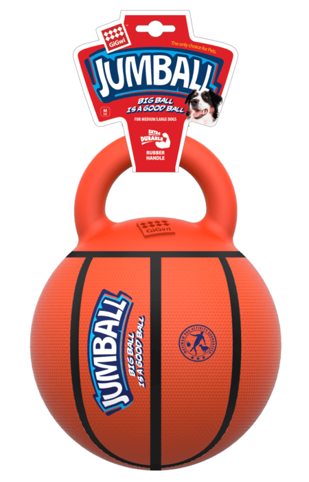 Pelota para perros GiGwi Jumball Basketball con asa de goma, en color naranja. Diseño resistente y duradero para juegos interactivos con perros medianos y grandes.
