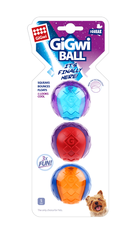Set de 3 pelotas para perros GiGwi Ball Small, colores surtidos. Diseño flotante, con rebote y sonido chirriador, ideal para perros pequeños.