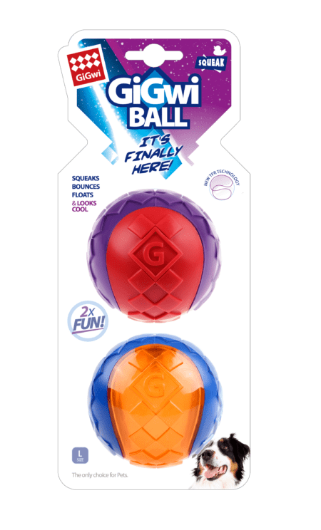 Set de 2 pelotas para perros GiGwi Ball Large, colores surtidos. Pelotas flotantes, con rebote y sonido chirriador, ideales para perros grandes.