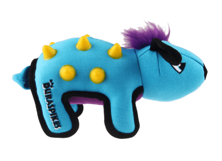 Juguete para perros GiGwi Duraspikes Extra Tough Conejo, color celeste con púas amarillas reforzadas. Ideal para perros con mordida fuerte.