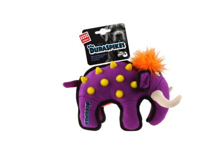 Juguete para perros GiGwi Duraspikes Extra Tough Elefante, color morado con púas amarillas y detalles reforzados. Ideal para perros de mordida fuerte.