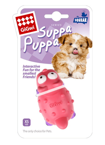 Juguete interactivo para cachorros GiGwi Suppa Puppa en color rosa y morado, tamaño XS, con sonido chirriante. Perfecto para perros pequeños y cachorros juguetones.