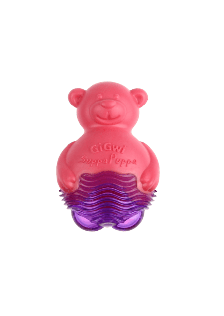 Juguete para cachorros GiGwi Suppa Puppa Oso en color rosa y morado, ideal para perros pequeños, con diseño interactivo y texturas para el entretenimiento.