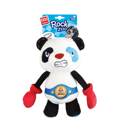 Juguete para perros GiGwi Rock Zoo Panda Boxer con diseño de boxeador, ideal para juegos interactivos y diversión resistente.