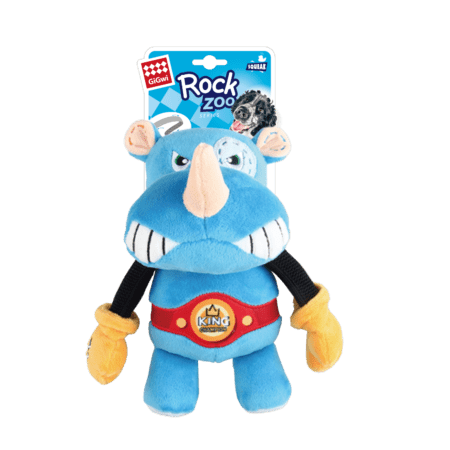 Juguete para perros GiGwi Rock Zoo Rinoceronte Boxer con diseño de luchador, ideal para juegos interactivos y diversión resistente.