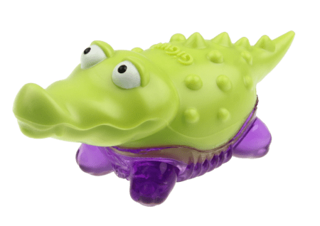Juguete para cachorros Suppa Puppa en forma de cocodrilo, color verde y morado, ideal para masticar y jugar.