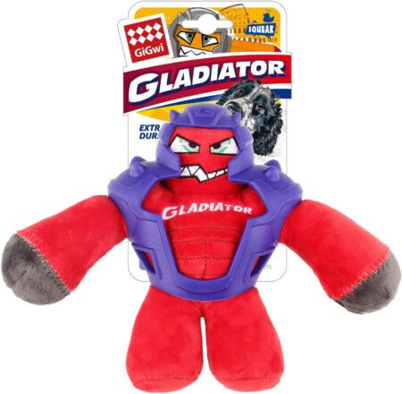 Juguete para perro GiGwi Gladiator rojo con sonido, tamaño mediano, ultra resistente con armadura morada.