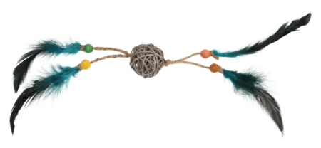 pelota de ratán con plumas azules para gatos juguete interactivo