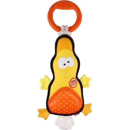 Juguete para perro GiGwi Iron Grip Pato Amarillo con cuerda resistente y squeaker.