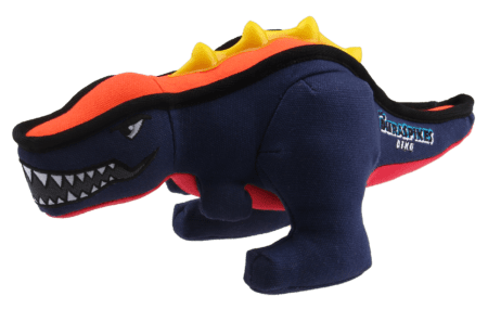 Juguete para perro GiGwi Duraspikes Dinosaurio azul, extra resistente con púas amarillas.