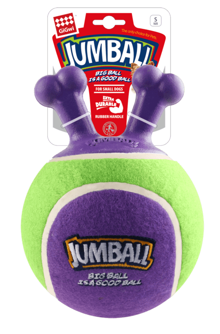 Pelota para perros GiGwi Jumball Tennis con asa de goma, en colores verde y morado. Diseño resistente y extra duradero para juegos interactivos.