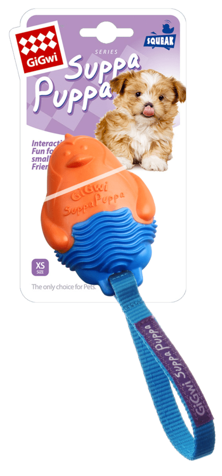 Juguete para cachorro Suppa Puppa con forma de pingüino color naranja y azul, con correa, ideal para perros pequeños.