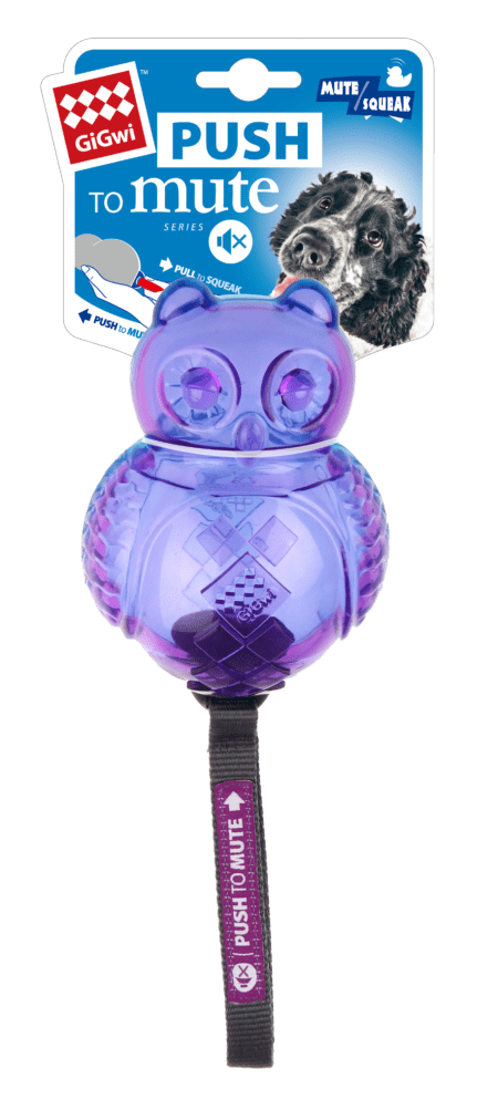 Juguete para perros GiGwi Push to Mute Owl, en color morado y azul. Diseño interactivo con función de sonido y opción de silenciar.