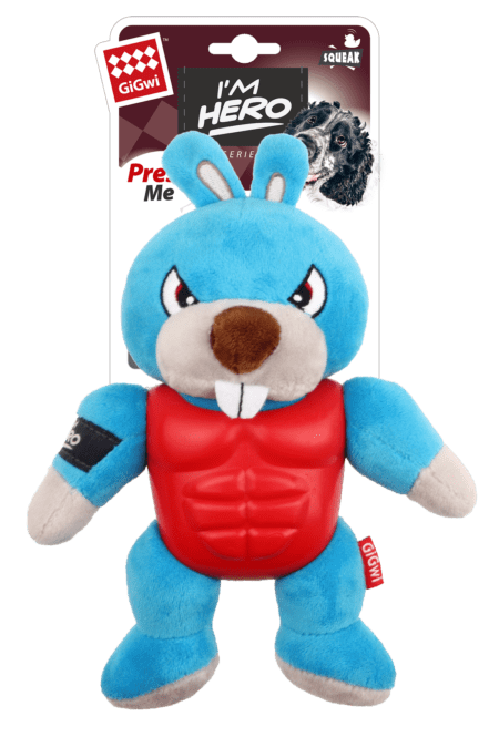 Juguete para perro GiGwi I’m Hero Conejo con squeaker y pecho reforzado, ideal para masticadores activos.
