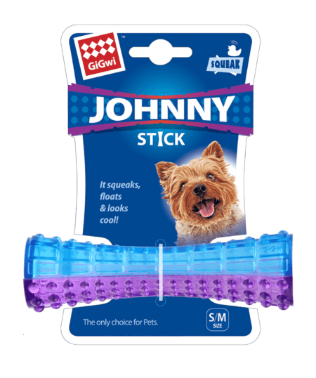 Juguete para perros GiGwi Johnny Stick Small, en colores morado y azul. Flotante, con textura masajeadora y sonido chirriador.