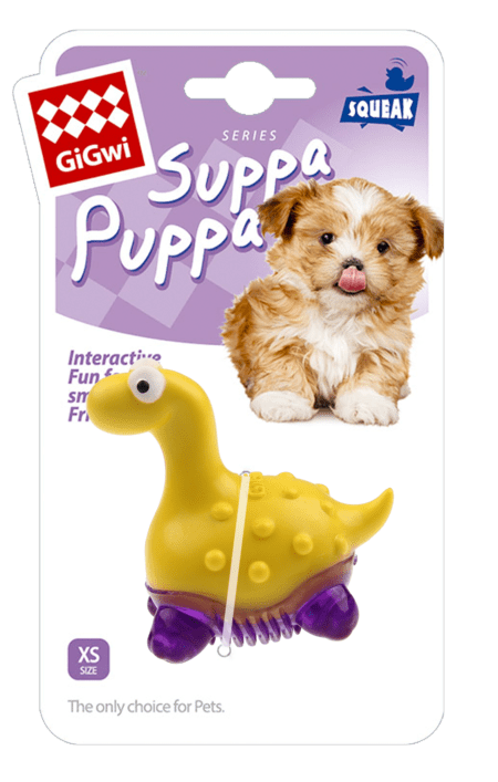 Juguete para cachorro Suppa Puppa con forma de dinosaurio amarillo, tamaño XS, ideal para masticar y jugar.