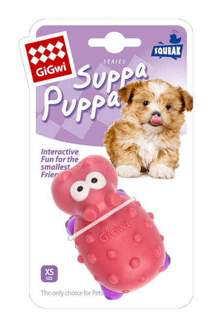 Juguete para cachorro Suppa Puppa con forma de hipopótamo rosa y púrpura, tamaño XS, ideal para morder y jugar.