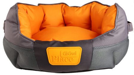 Cama redonda grande GiGwi para mascotas, color gris con interior naranja, cómoda y resistente.