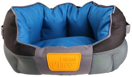 Cama redonda GiGwi Place tamaño grande en color azul y gris, acolchada y resistente para perros.