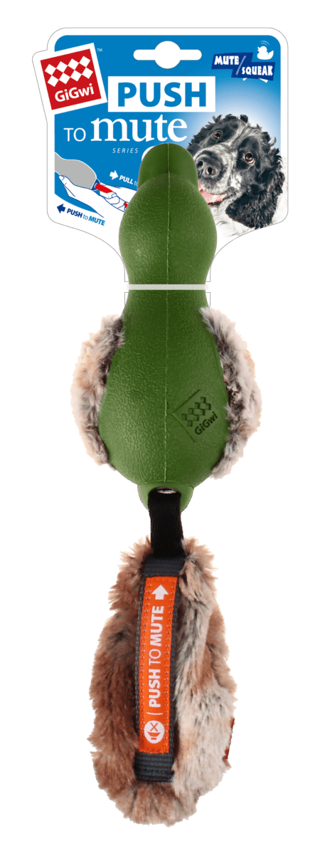 Juguete para perros GiGwi Push to Mute Duck, en color verde. Diseño interactivo con opción de sonido y modo silencioso, ideal para perros medianos y grandes.