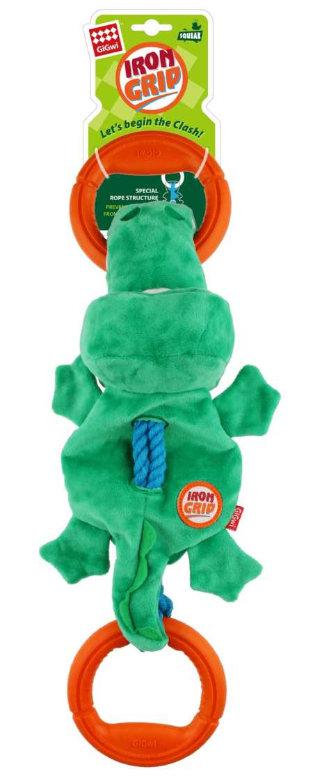Juguete GiGwi Iron Grip Cocodrilo con cuerda y anillos para perros, diseño resistente y divertido.