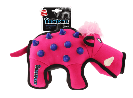 Juguete para perros GiGwi Duraspikes Extra Tough Jabalí, color rosa con púas azules reforzadas. Ideal para perros con mordida fuerte.