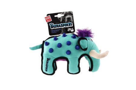 Juguete para perros GiGwi Duraspikes Extra Tough Elefante en color celeste con púas de goma azul y detalles reforzados. Ideal para perros con mordida fuerte.