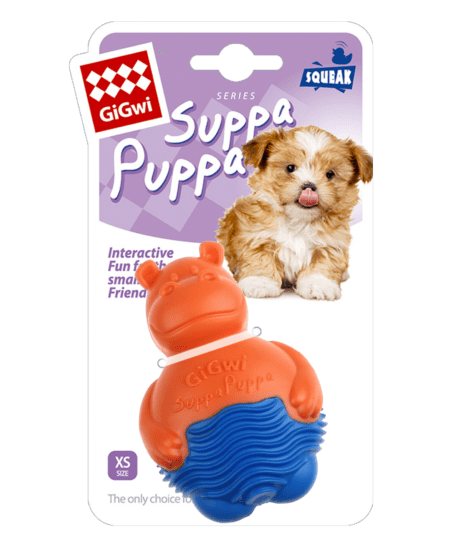 Juguete para cachorros GiGwi Suppa Puppa Hipopótamo en color naranja y azul, ideal para perros pequeños, con diseño interactivo y texturas para el entretenimiento.