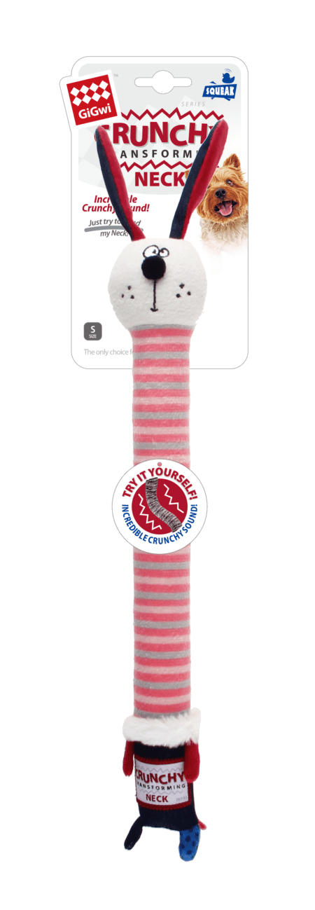 Juguete para perros GiGwi Plush Friendz Crunchy Neck Conejo en tamaño S, con cuello flexible y sonido crujiente. Perfecto para juegos interactivos.