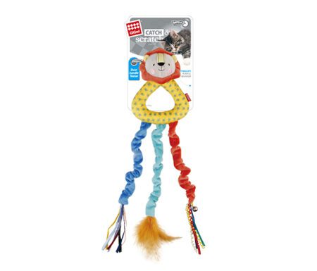 juguete para gato GiGwi león colgante con cintas y plumas para puerta